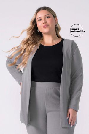 Cardigan Feminino Alongado Canelado Marialícia Cinza