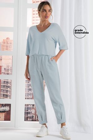 Calça Comfy Feminina Moletom Com Linho Marialícia Azul