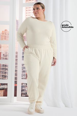 Calça Comfy Feminina Moletom Com Linho Marialícia Bege