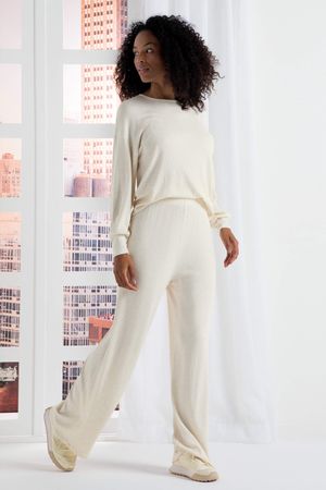 Conjunto Feminino Comfy Canelado Linho Marialícia Bege