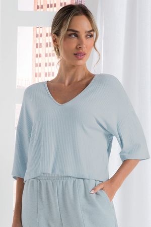 Blusa Feminina Comfy Canelada Decote V Marialícia Azul