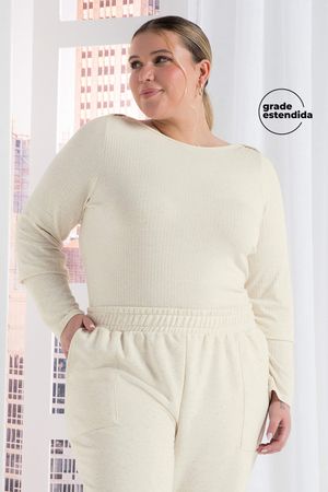Blusa Feminina Comfy Manga Longa Canelada Marialícia Bege