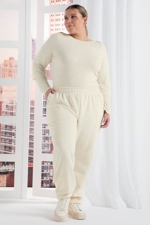 Blusa Feminina Comfy Manga Longa Canelada Marialícia Bege
