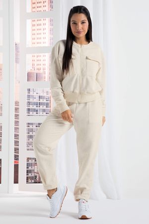 Jaqueta Feminina Comfy Moletom Bolsos Frontais Marialícia	 Bege