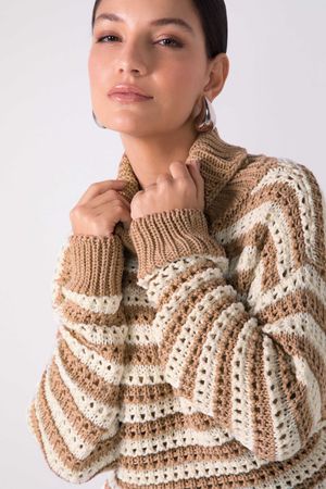 Blusão Tricot Feminino Gola Alta Marialícia Marrom