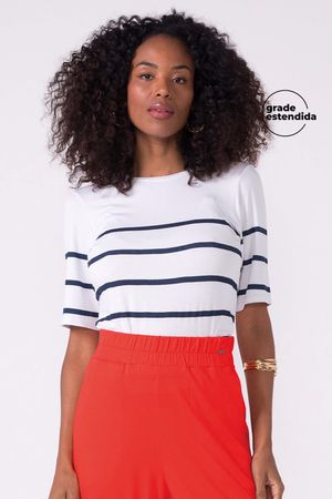 Blusa Feminina Manga Curta Listrada Marialícia Branco