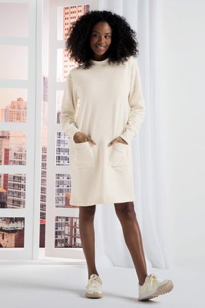 Vestido Feminino Comfy Moletom Com Bolsos Marialícia Bege