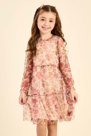 Vestido Infantil Menina Tule Floral Elian Bege