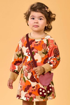 Vestido Infantil Manga Longa Floral Com Bolsa Elian Laranja
