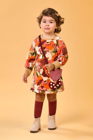 Vestido Infantil Manga Longa Floral Com Bolsa Elian Laranja
