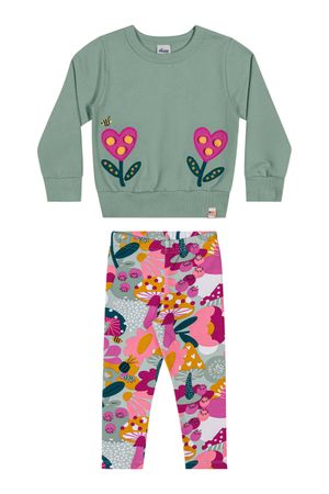 Conjunto Infantil Menina Flores Com Pompom Elian Verde