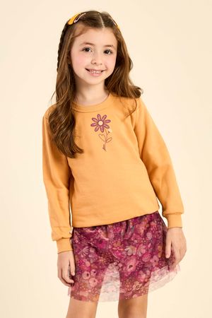 Conjunto Infantil Menina Moletom e Saia Tule Floral Elian Laranja