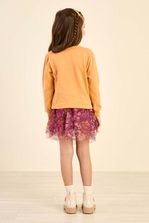 Conjunto Infantil Menina Moletom e Saia Tule Floral Elian Laranja
