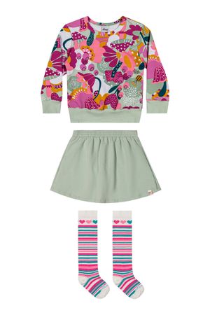 Conjunto Infantil Menina Blusão Floral e Saia Elian Verde