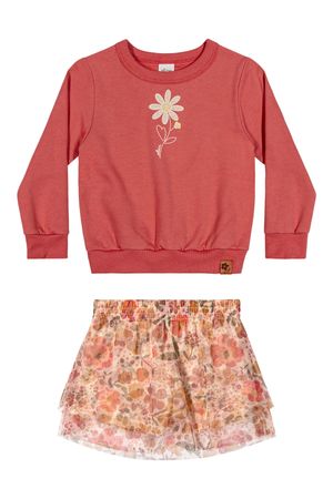Conjunto Infantil Menina Moletom e Saia Tule Floral Elian Rosa