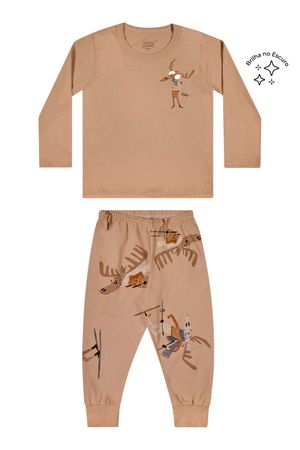 Pijama Infantil Menino Brilha no Escuro Alces Elian Marrom