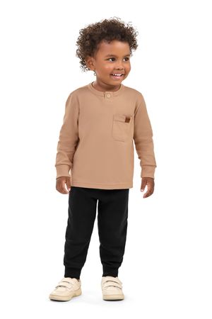 Camiseta Infantil Menino Manga Longa Com Bolso Elian Marrom