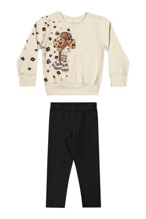 Conjunto Infantil Menina Estampado Com Puff Elian Bege