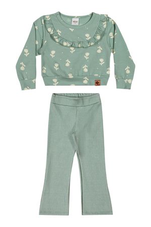 Conjunto Longo Infantil Menina Floral Babado Elian Verde