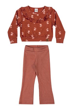 Conjunto Longo Infantil Menina Floral Babado Elian Marrom