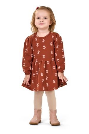 Vestido Infantil Menina Manga Longa Floral Elian Marrom