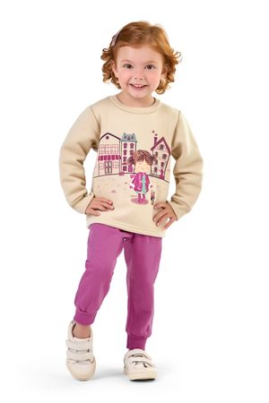 Conjunto Infantil Menina Blusão Estampado e Calça Elian Bege