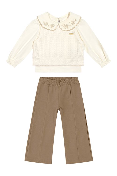 Conjunto Infantil Menina Com Colete Tricô Colorittá Bege