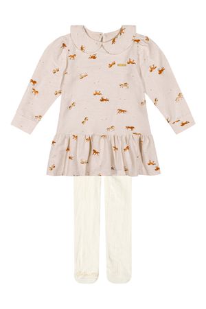 Vestido Infantil Menina Com Meia-Calça Colorittá Bege