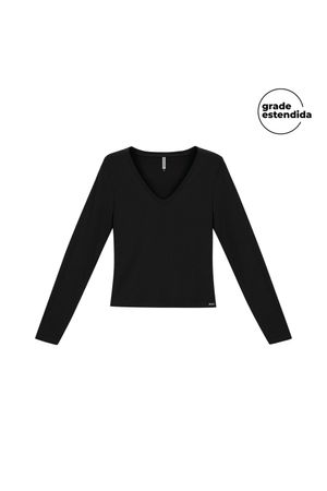 Blusa Feminina Canelada Decote V Marialícia	 Preto