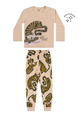 Pijama Infantil Menino Longo Tigre Brilha no Escuro Elian Bege