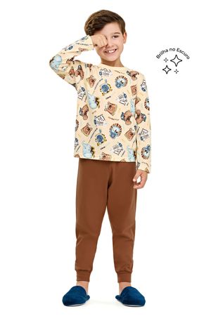 Pijama Infantil Menino Longo Animais Piratas Brilha no Escuro Elian Amarelo
