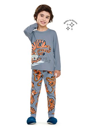Pijama Infantil Menino Longo Tigre Brilha no Escuro Elian Azul