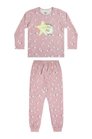 Pijama Infantil Menina Longo Ovelhinhas Brilha no Escuro Elian Rosa