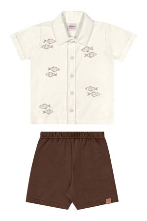 Conjunto Infantil Menino Com Camisa Peixinhos Elian Bege