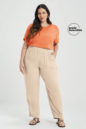 Calça Feminina Creponada Com Bolsos Marialícia Bege