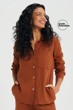 Camisa Feminina Manga Longa Linho Marialícia Marrom