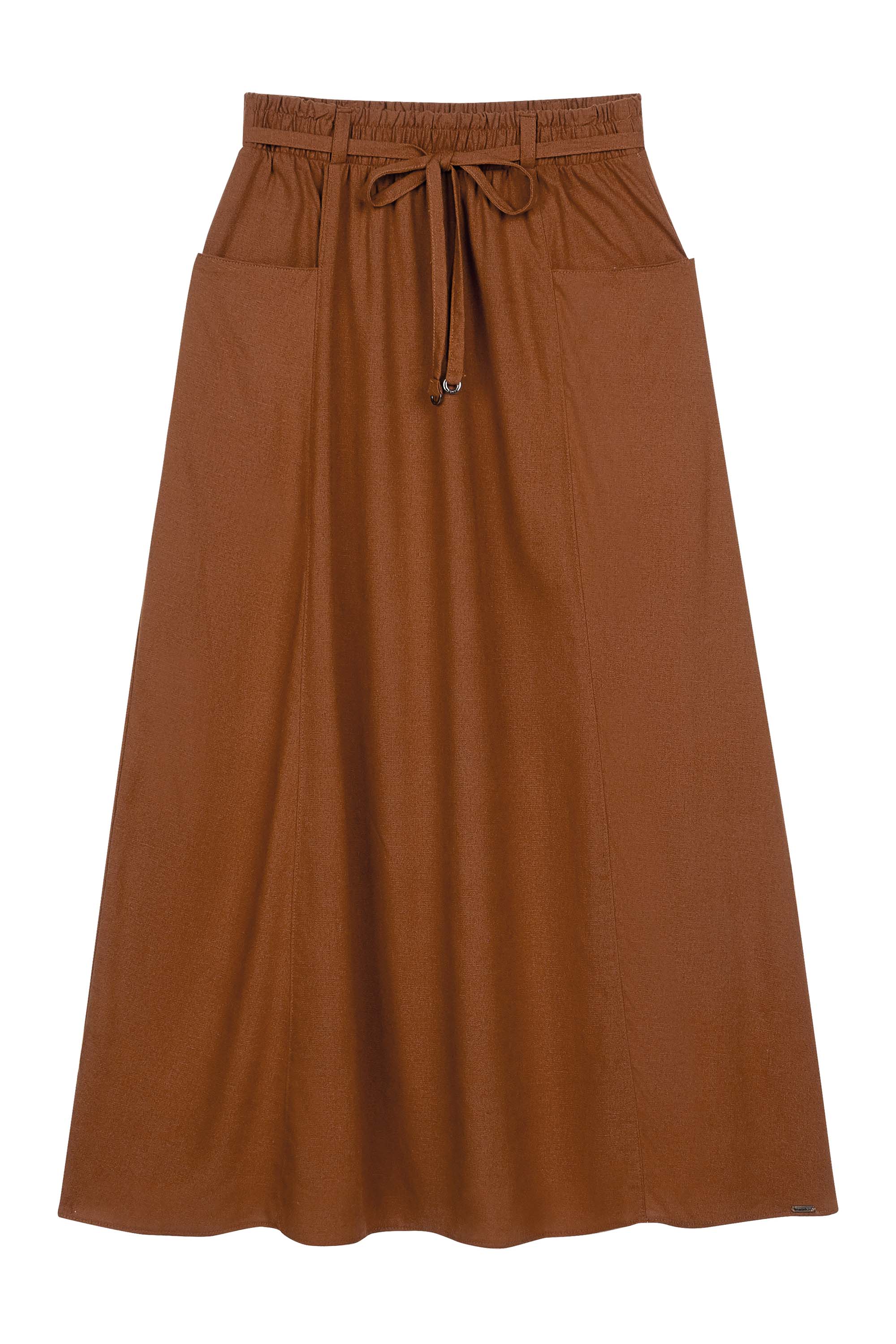 Linho Saia Midi Marrom Saia Midi Linho Cós Lastex - Main Image