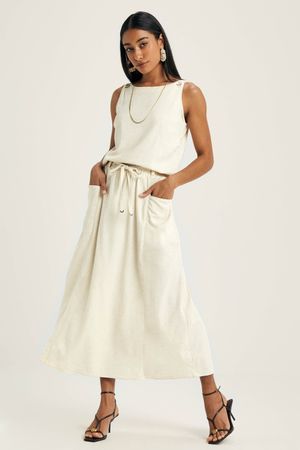 Saia Midi Feminina Linho Com Bolsos Marialícia Bege