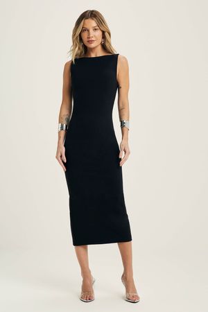 Vestido Midi Feminino Reto Com Zíper Marialícia Preto
