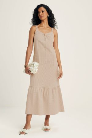 Vestido Feminino Midi Fio Tinto Marialícia Bege