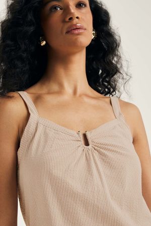 Vestido Feminino Midi Fio Tinto Marialícia Bege