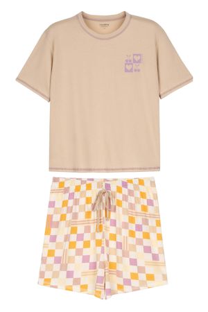 Pijama Feminino Meia Malha Estampado Marialícia Bege