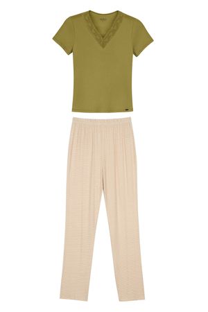 Pijama Feminino Com Renda e Listras Marialícia Verde