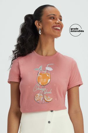 T-Shirt Feminina Drinks Regular Marialícia Rosa