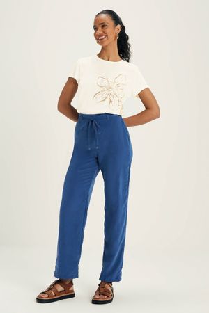 Calça Feminina Tecido Acetinado Marialícia Azul
