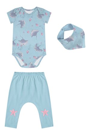 Kit Bebê Menina Estampado Com Babador Elian Azul