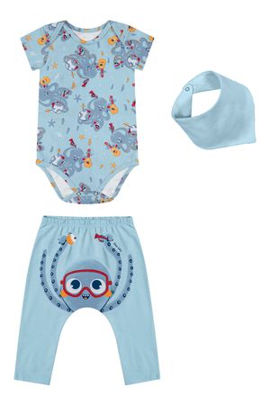 Kit Bebê Menino Bichinhos Com Babador Elian Azul