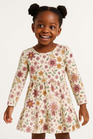 Vestido Infantil Menina Manga Longa Babados Floral Elian Bege