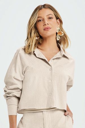 Camisa Feminina Tricoline Fio Tinto Marialícia Bege