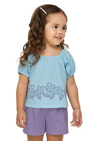 Conjunto Infantil Menina Flor em Puff Elian Azul